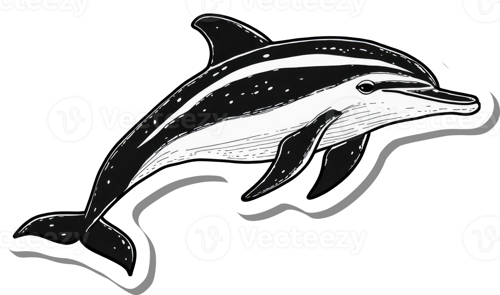 A black and white illustration of a leaping dolphin png