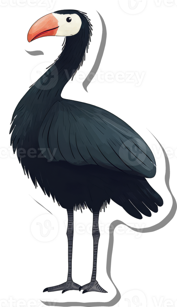A stylized illustration of a large dark bird with a long neck and beak png