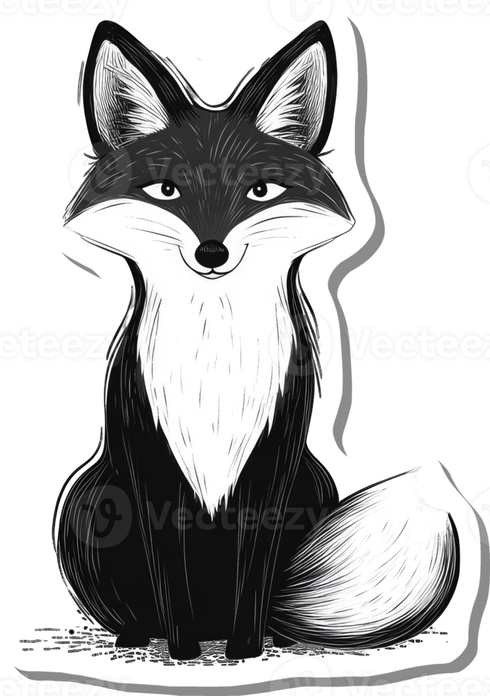 A charming black and white fox illustration sits calmly png