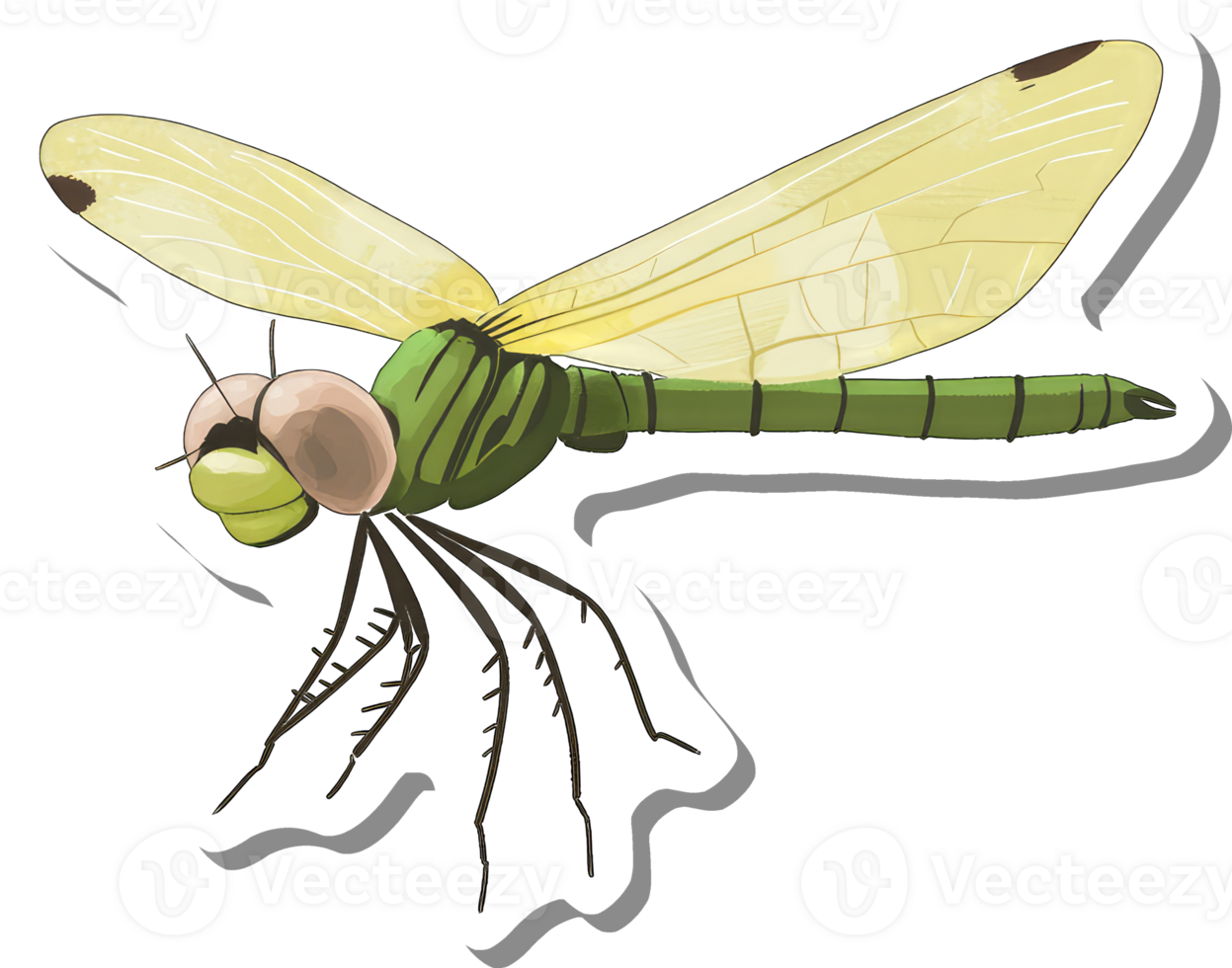 A Green Dragonfly With Pale Yellow Wings In Flight png