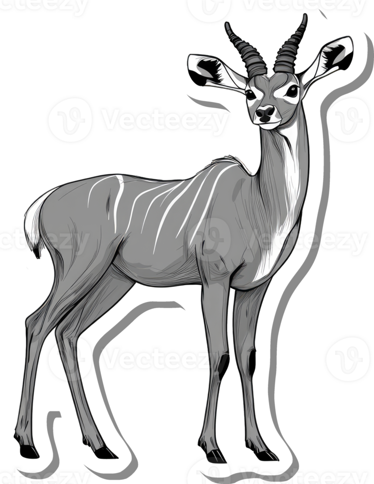 A grayscale illustration of a greater kudu antelope png