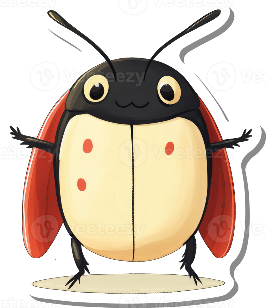 A cheerful cartoon ladybug with red wings and black head png