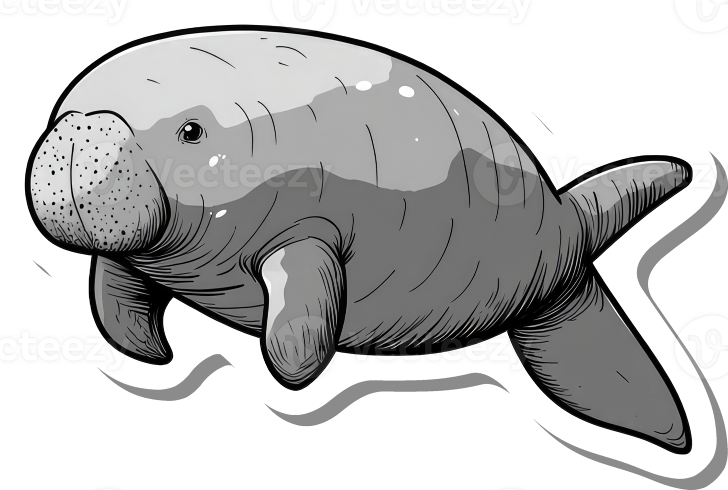 A grayscale illustration of a manatee swimming png