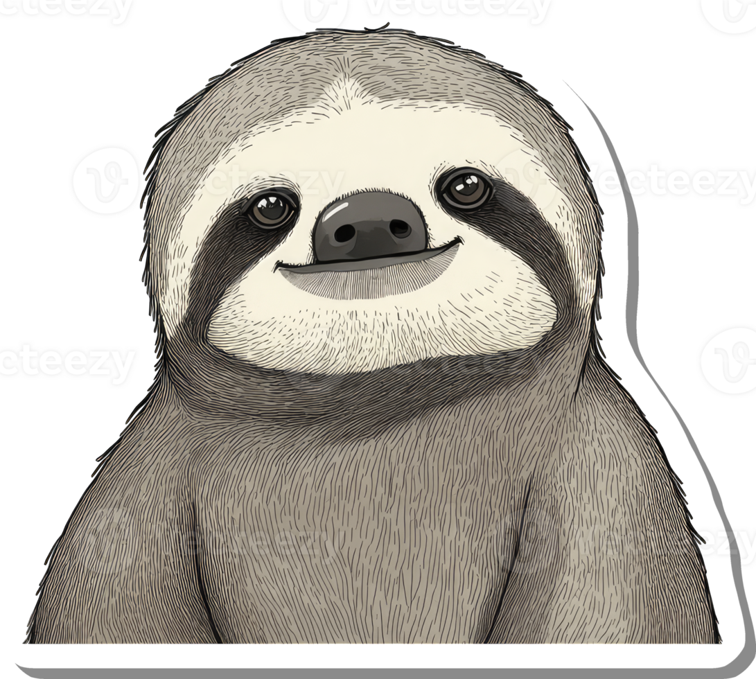 A Happy Sloth Portrait Detailed Line Drawing png