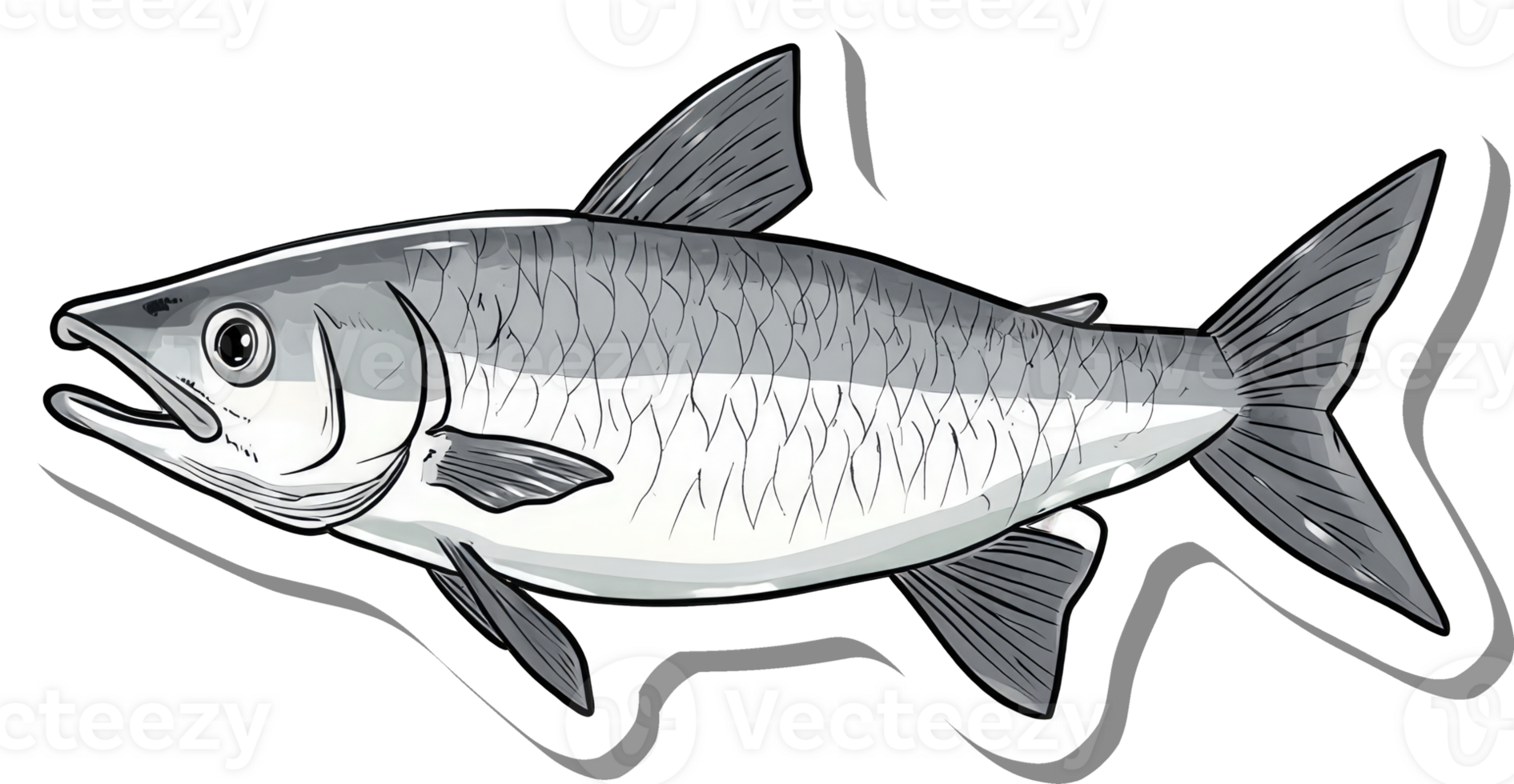 A grayscale illustration of a fish with fins and scales png
