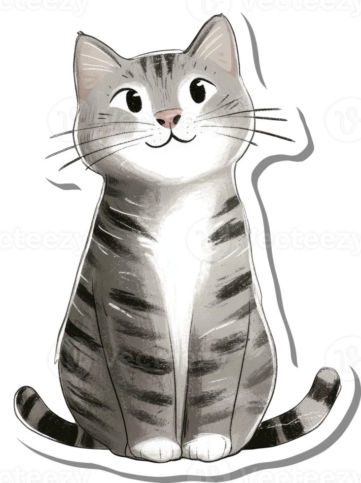 A happy grey tabby cat sits contentedly png