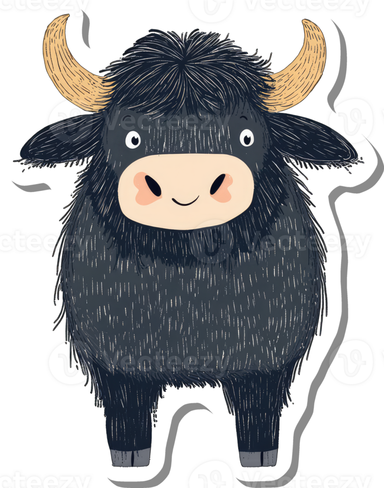Adorable Cartoon Yak with Long Hair and Horns png