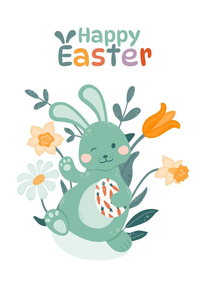 Easter bunny waves his hand and holds an Easter egg in his paws on a background of flowers. vector