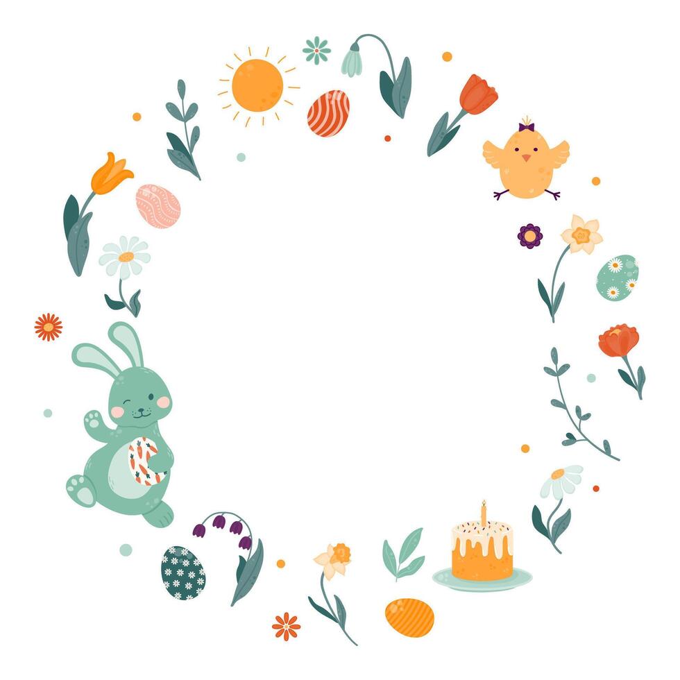 Round frame with spring flowers, Easter bunny, chicken, colorful eggs. vector