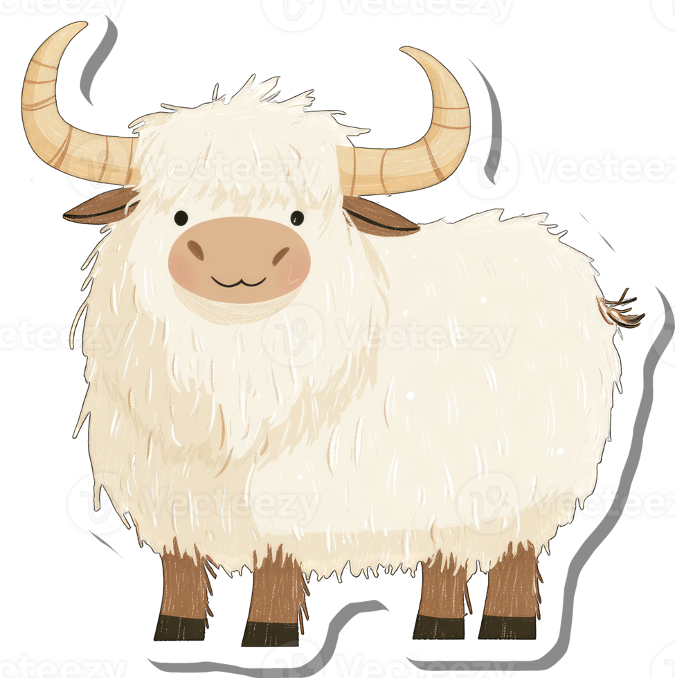 A Fluffy White Yak with Long Horns Stands Smiling png