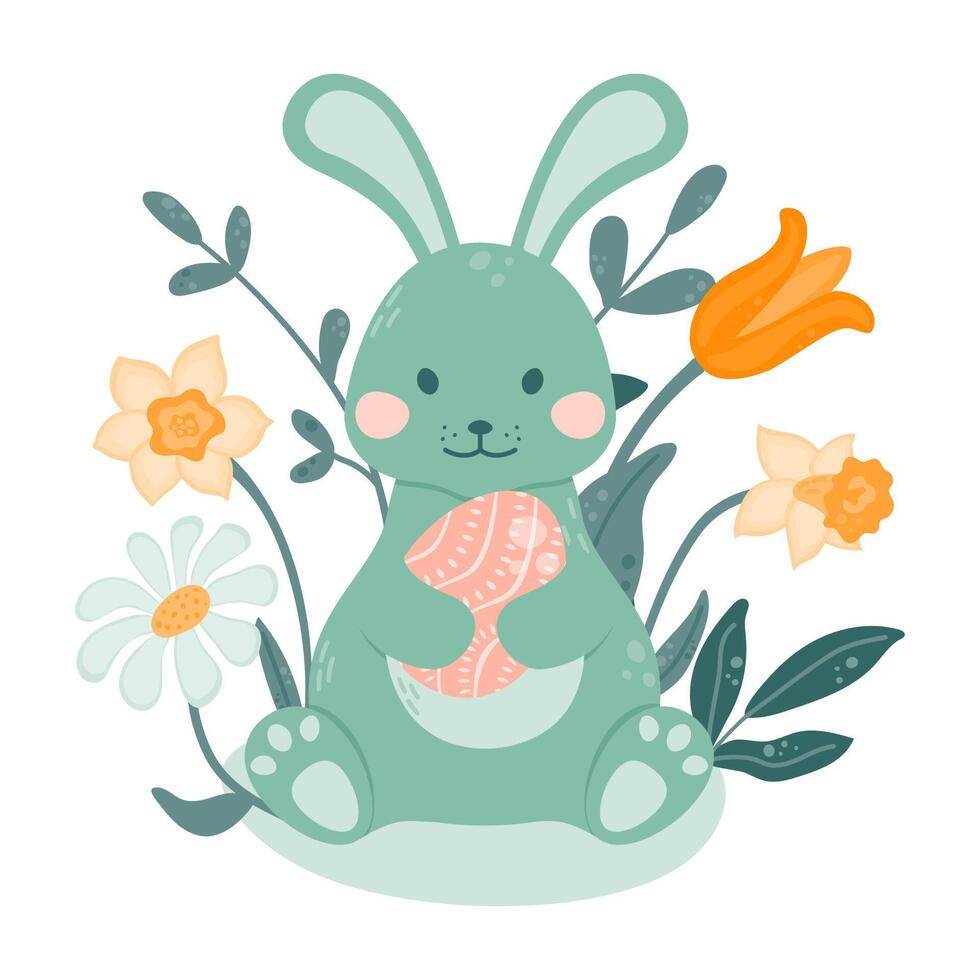 Bunny sits and holds a painted egg on a background of flowers in his paws. vector