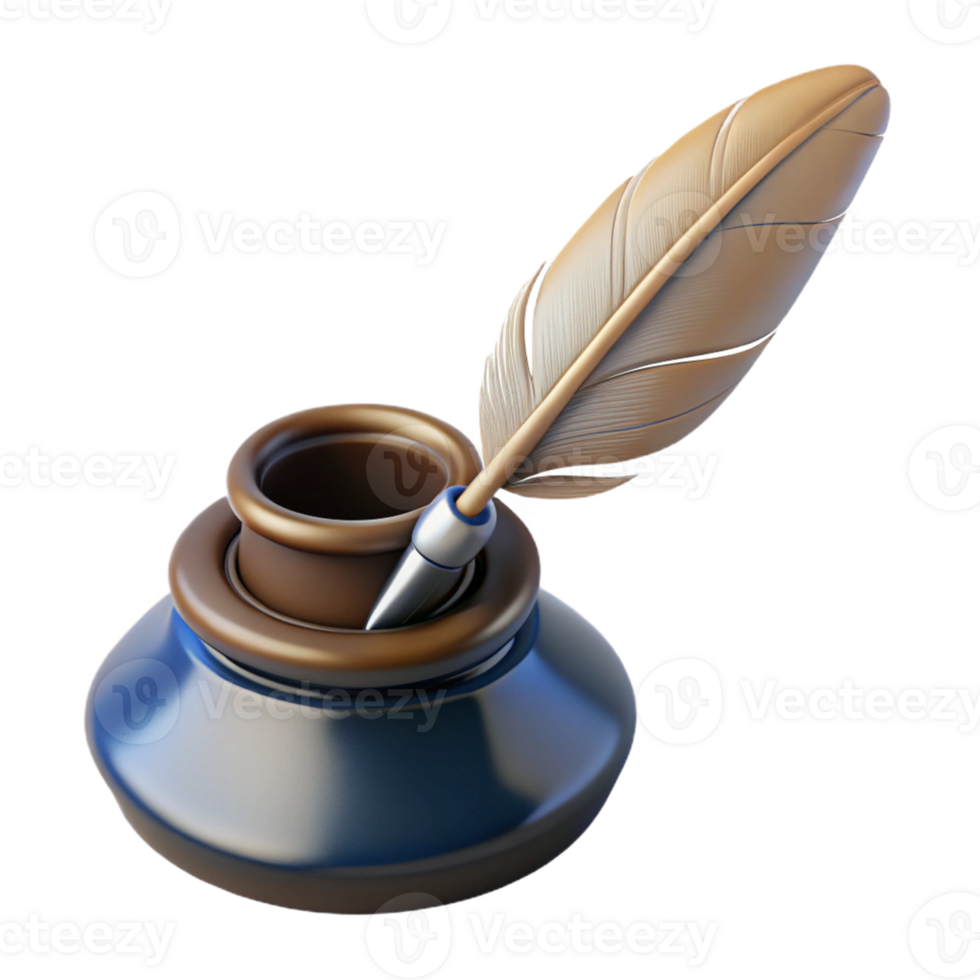 Isometric Render Quill Pen in Inkwell png