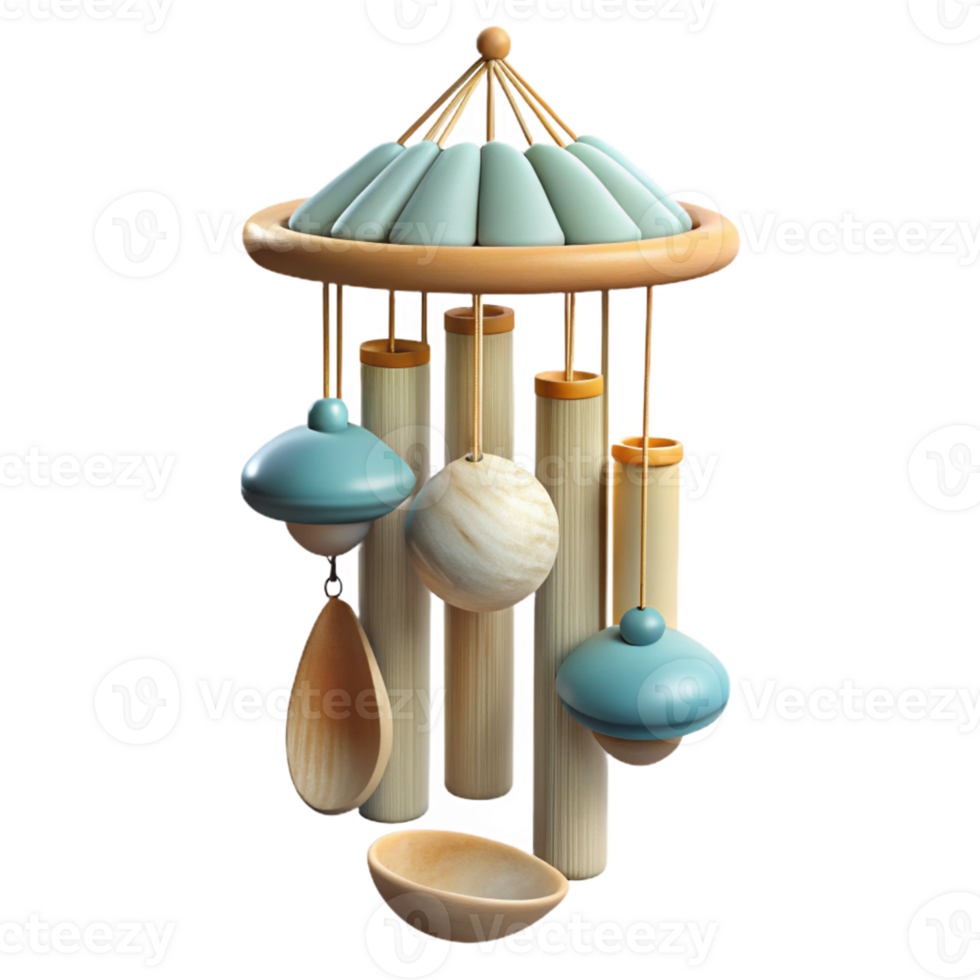 Wooden Wind Chime with Blue and Beige Accents png