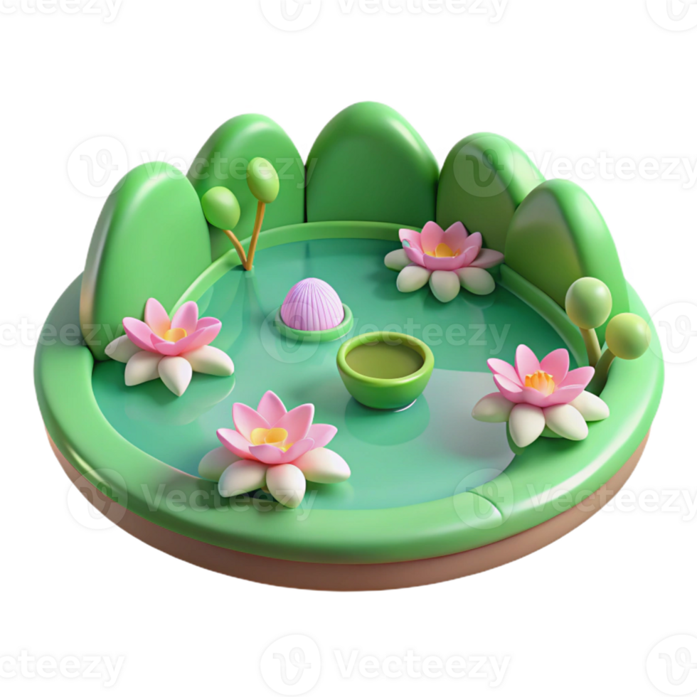 Isometric Cartoon Pond with Flowers png
