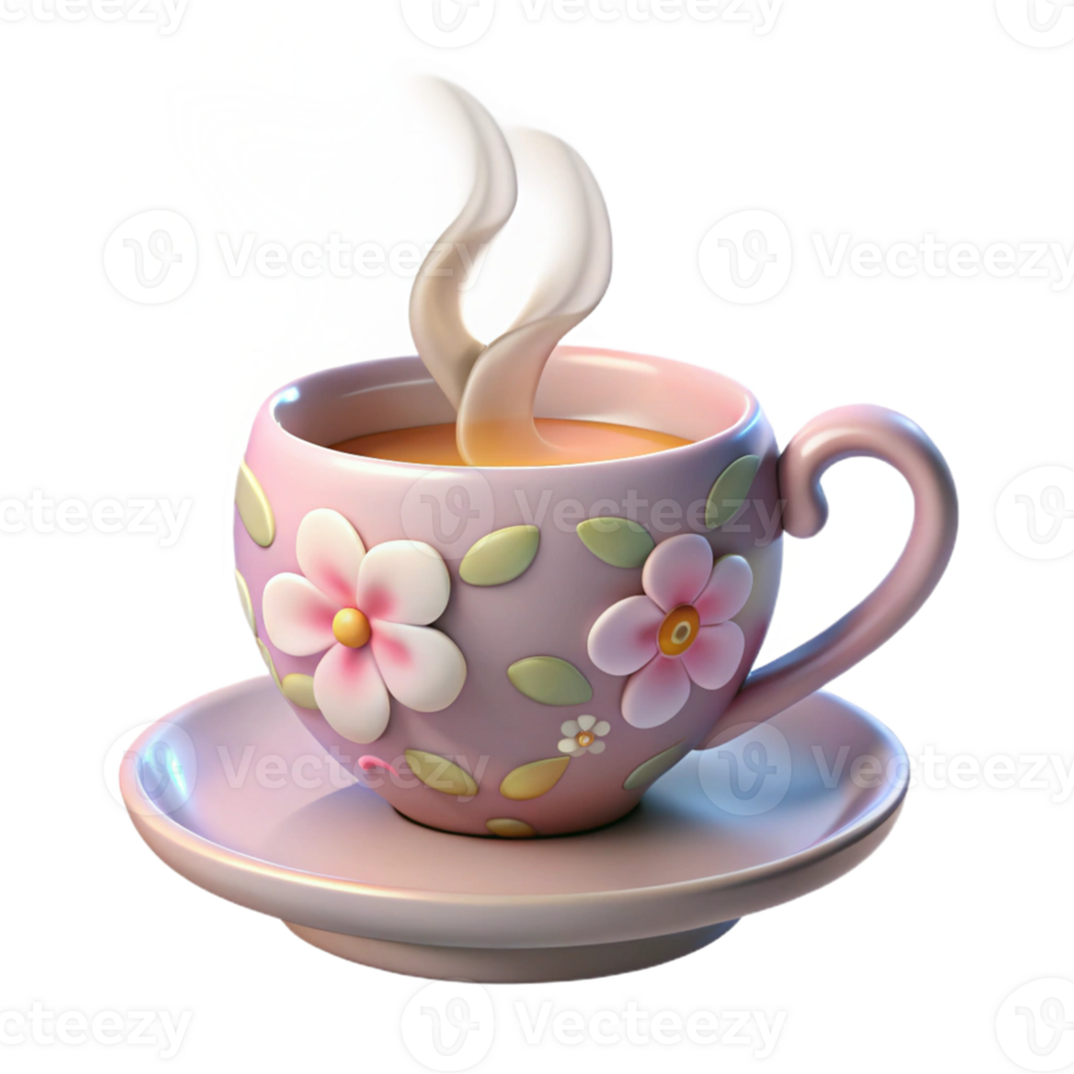 Isometric Render of Pink Teacup with Flowers png