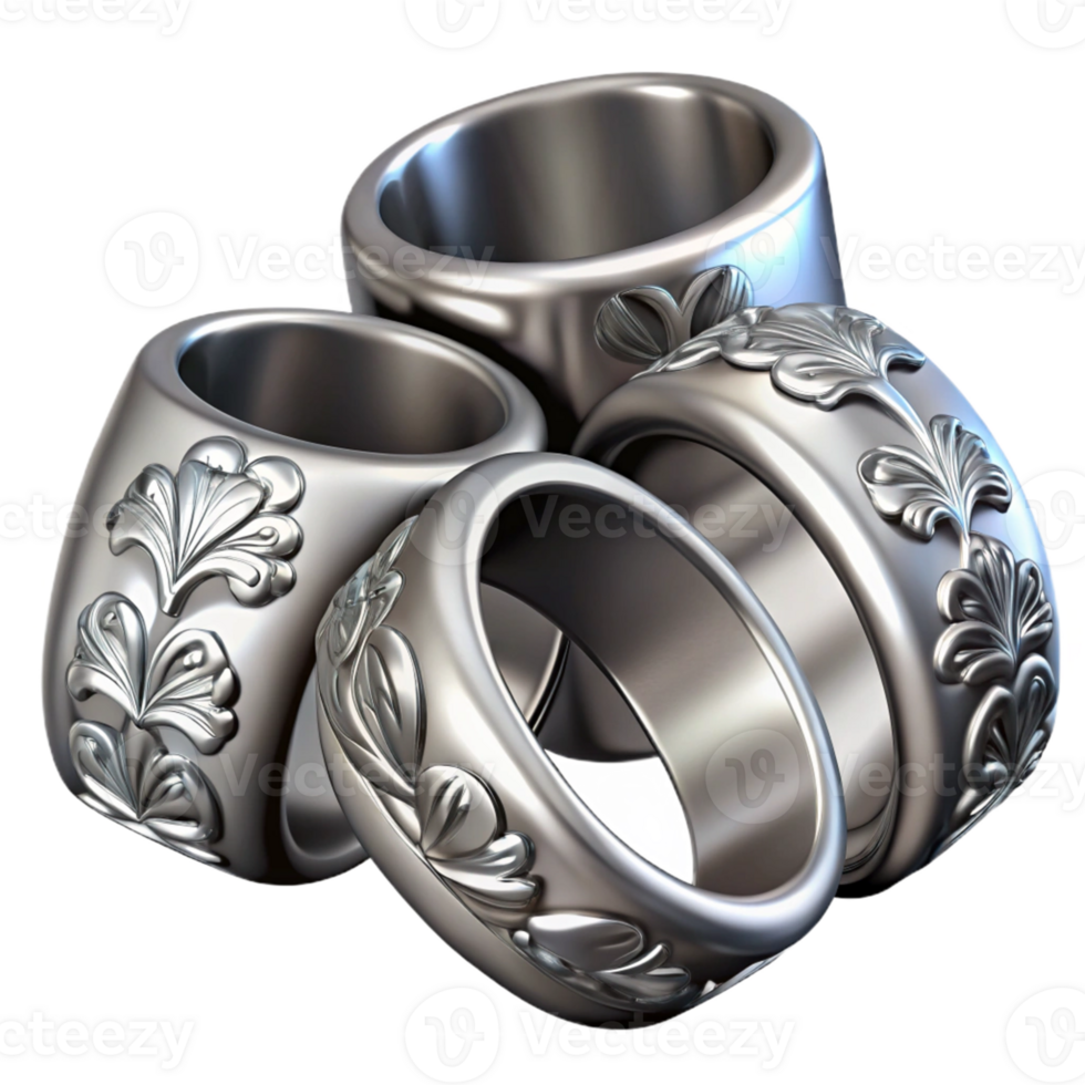 Isometric Render of Shiny Silver Rings with Intricate Floral Design png