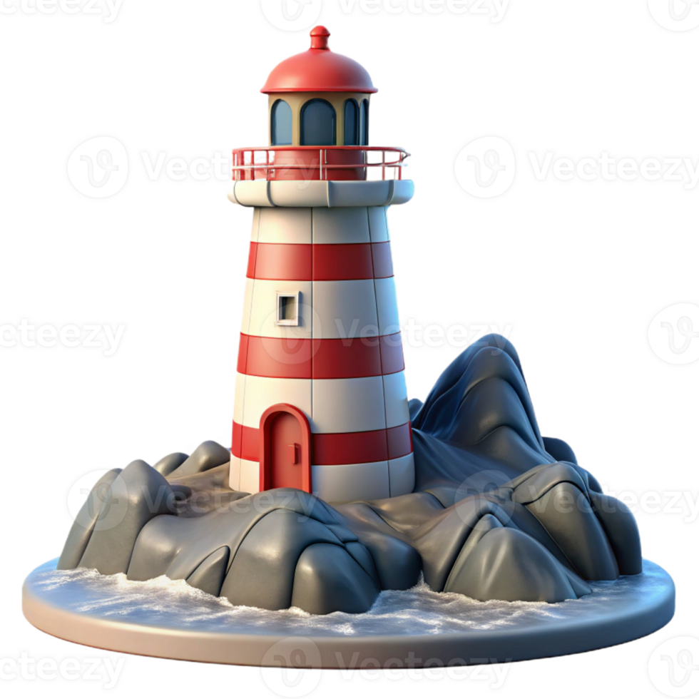 Red and White Lighthouse on Rocks png