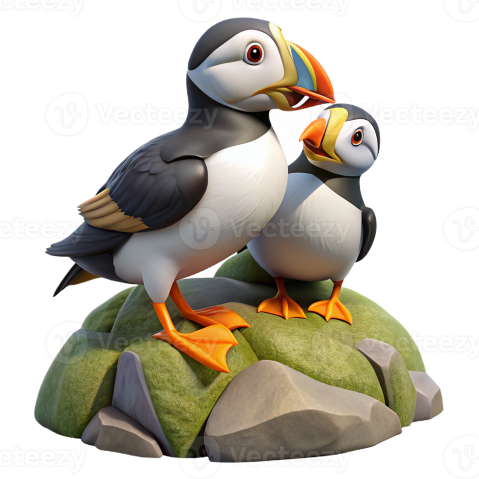 Cute Cartoon Puffin Pair on Rocks png