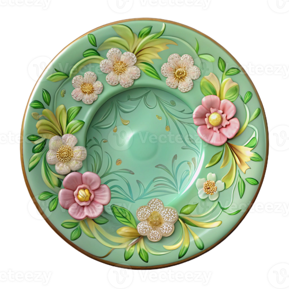 Green Floral Plate with Gold Accents png