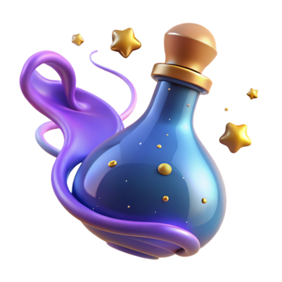 Enchanted Potion Bottle Render, Magical Elixir, Fantasy Illustration, Purple and Gold, Sparkling Stars, Abstract Background, Whimsical Design, Mystical Vibe, Digital Art, Game Asset, Model, png