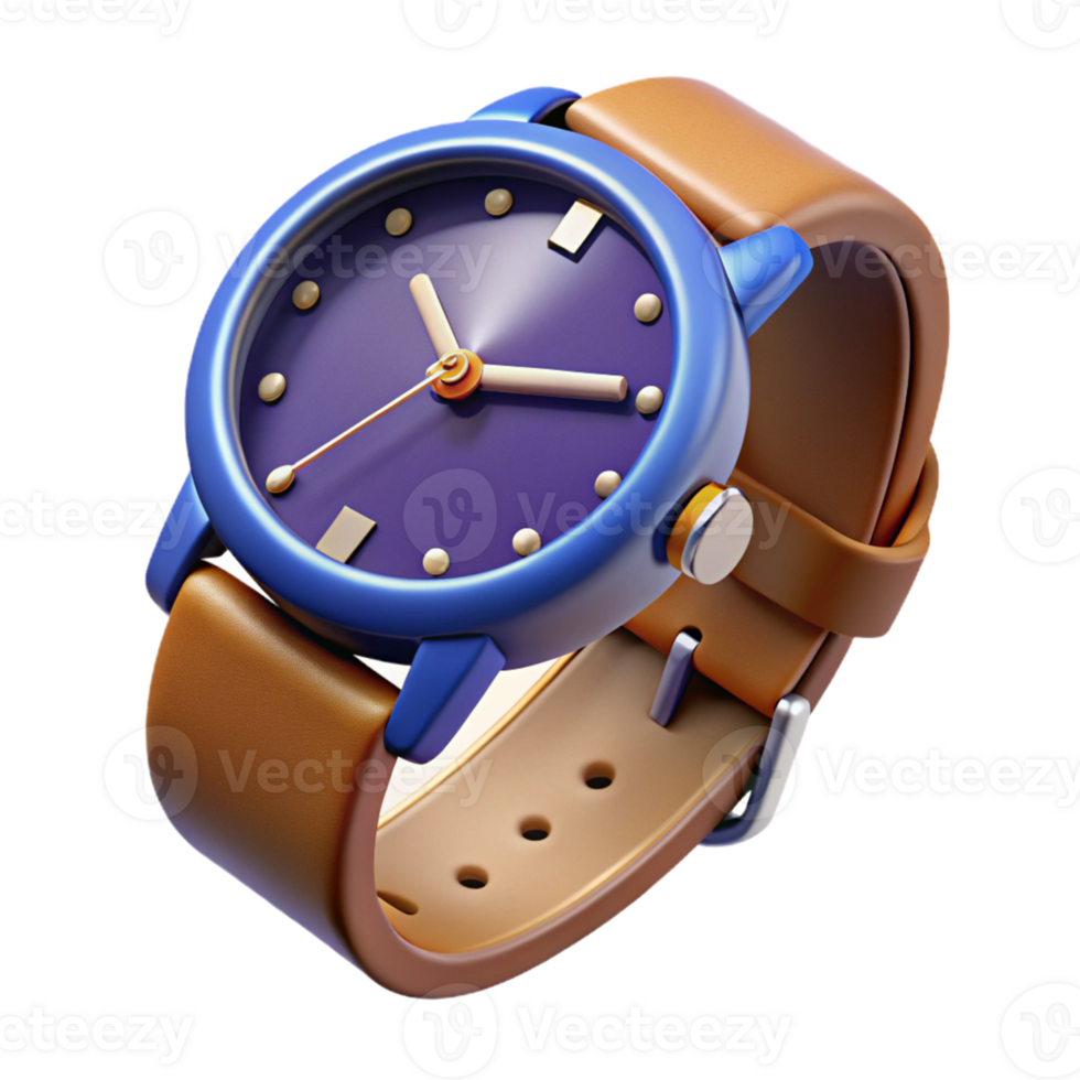 Isometric Rendered Blue Watch with Brown Strap png