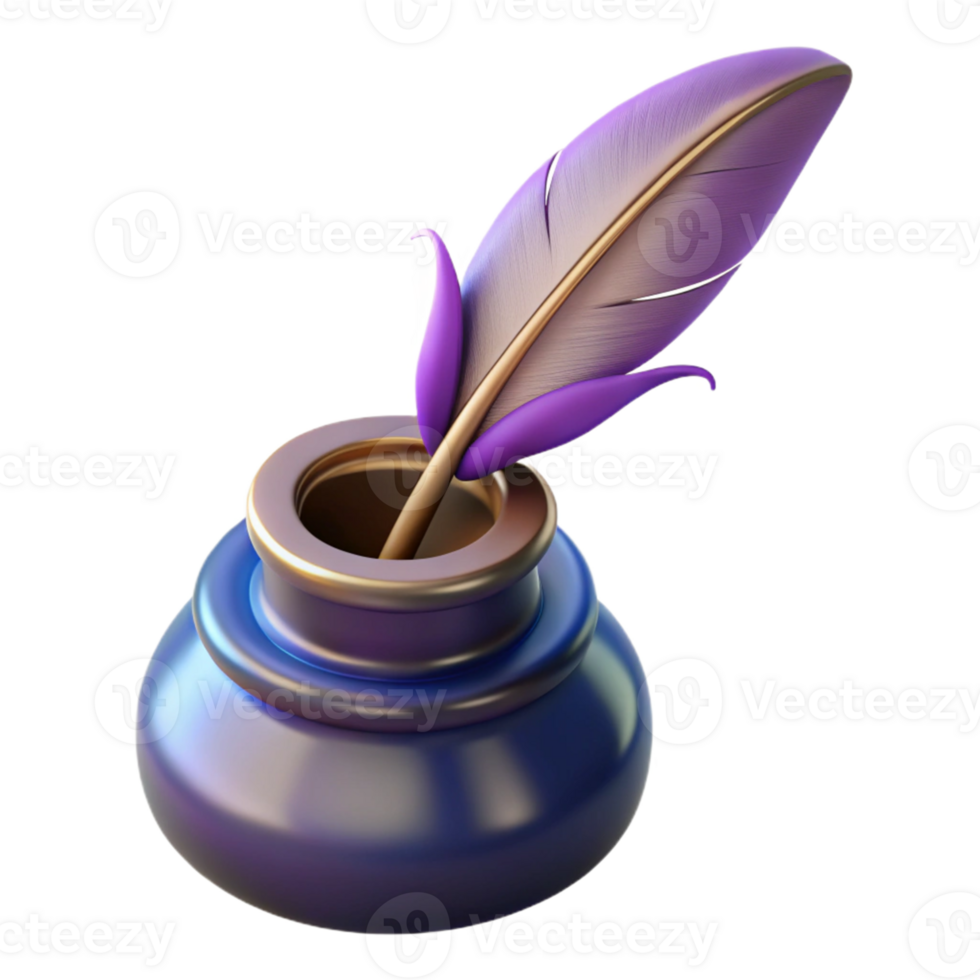 Isometric Render of Purple Quill Pen in Inkwell png
