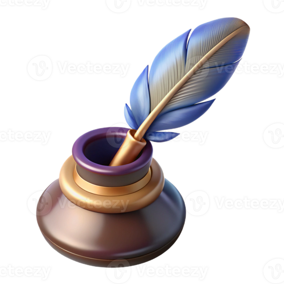 Inkwell and Quill Isometric Render png