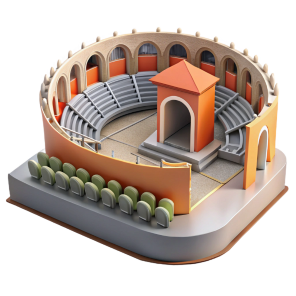 3D Model of an Ancient Amphitheater, Isometric View, Architectural Illustration, Colosseum Style, Detailed Seats and Structure png