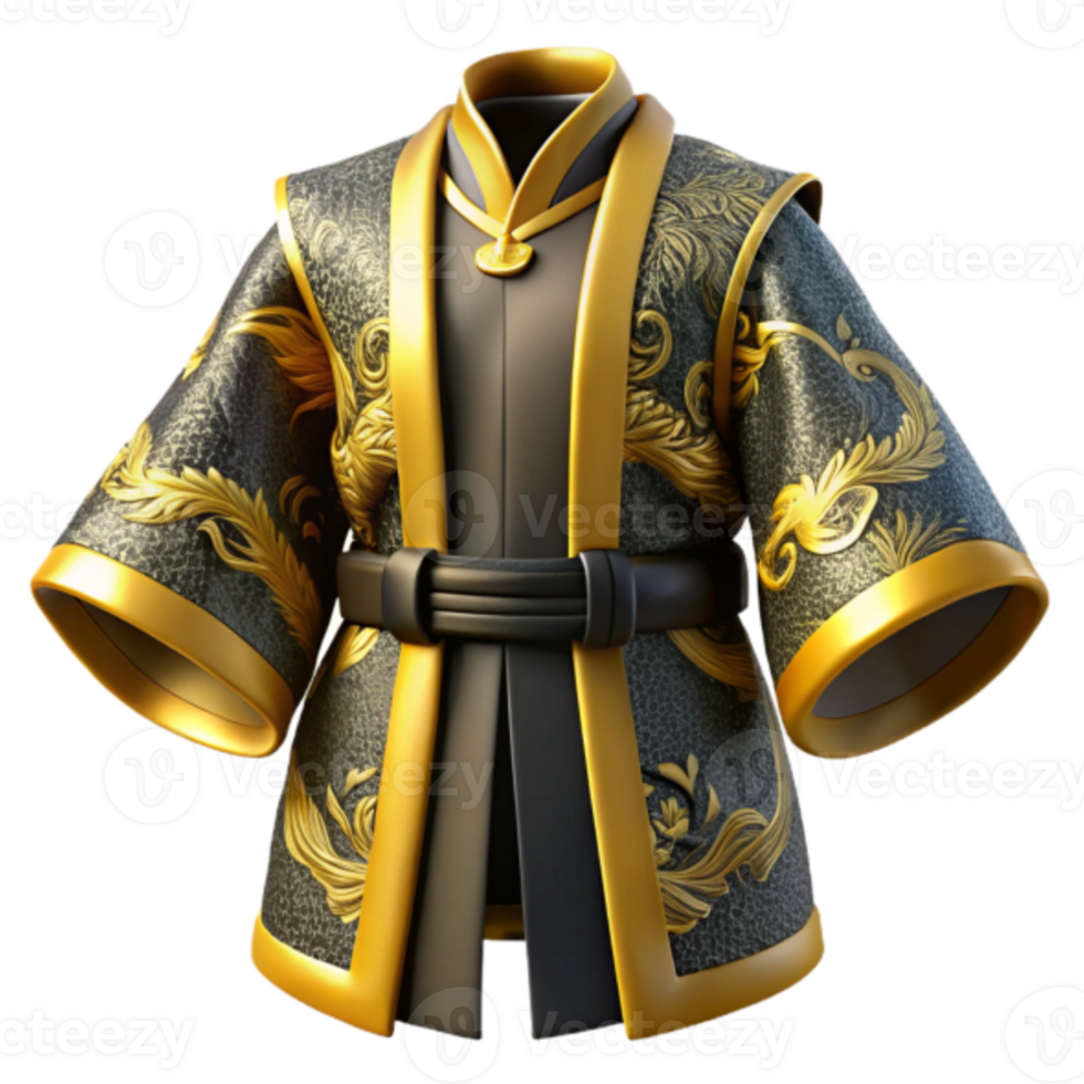 3D Render of Elegant Gold and Black Robe with Intricate Dragon Design png