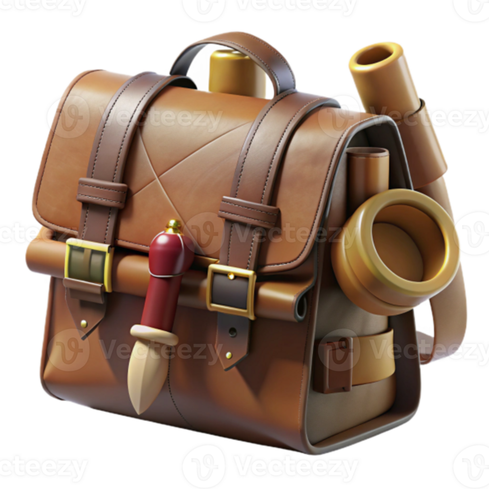 3D Render Brown Leather Backpack, Adventurer's Bag, Travel Satchel, Vintage Style, Game Asset, Cartoonish Design, Fantasy Bag, Detailed Texture, High-Resolution Image, 3D Model png