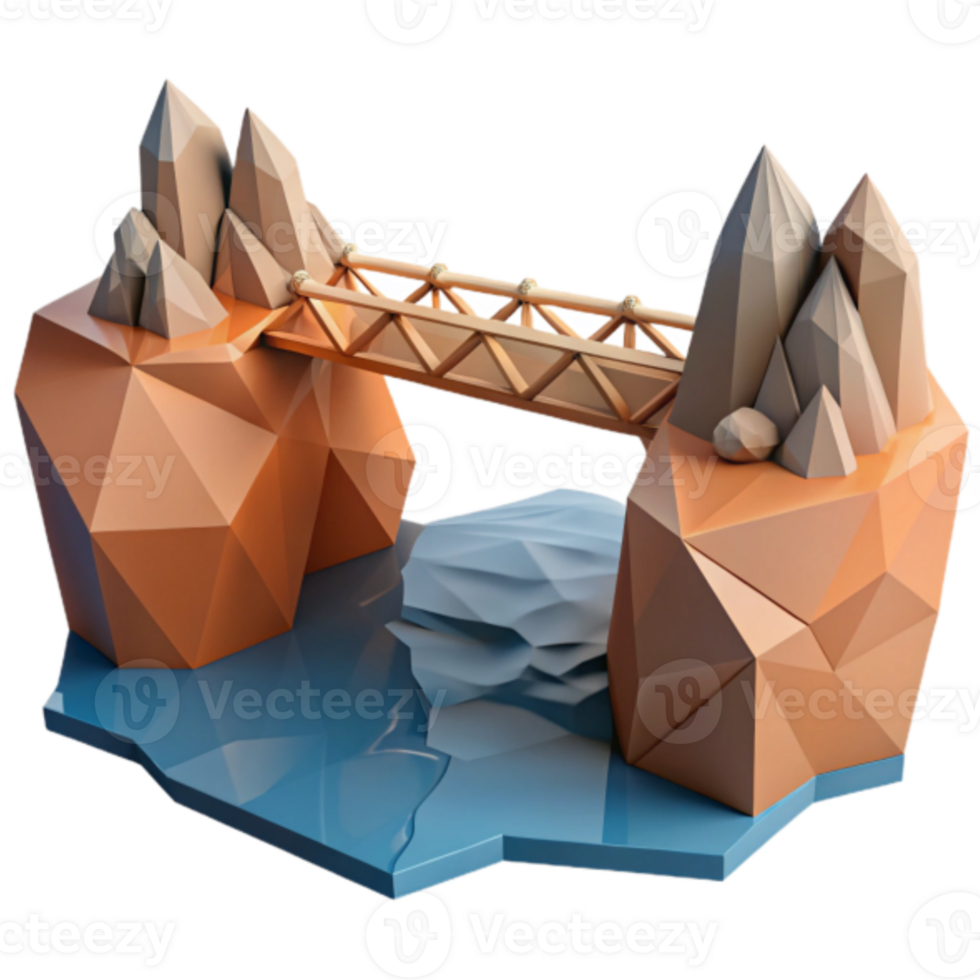 Low Poly 3D Render of Wooden Bridge Connecting Geometric Mountains png