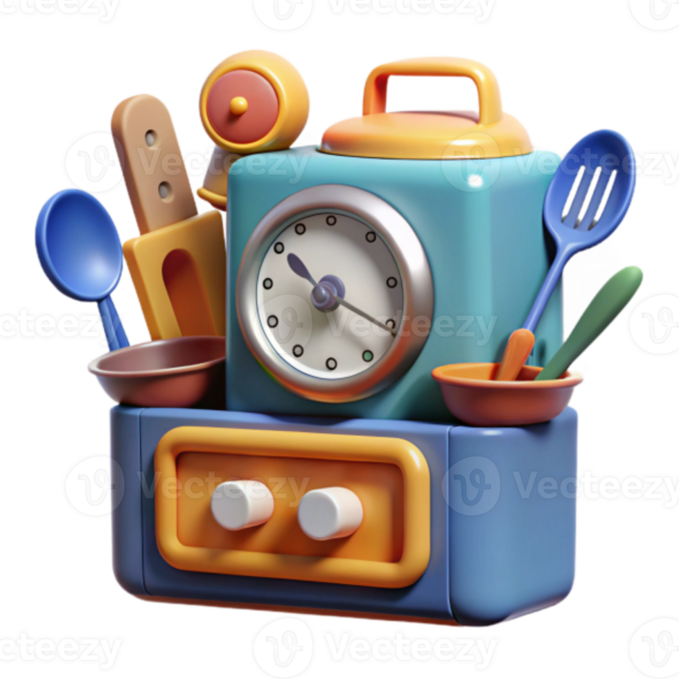 Whimsical 3D Render of Kitchen Utensils and Clock png