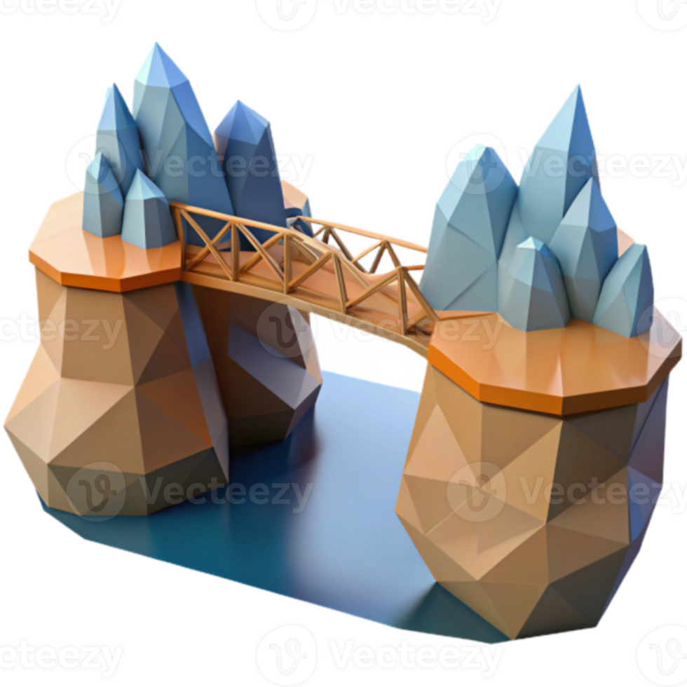 Low Poly 3D Render of a Wooden Bridge Connecting Two Crystal Mountain Islands png