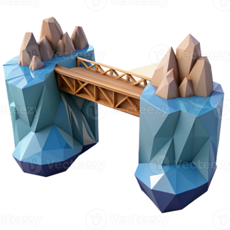 Low Poly 3D Render of Wooden Bridge Connecting Two Crystalline Rock Islands png