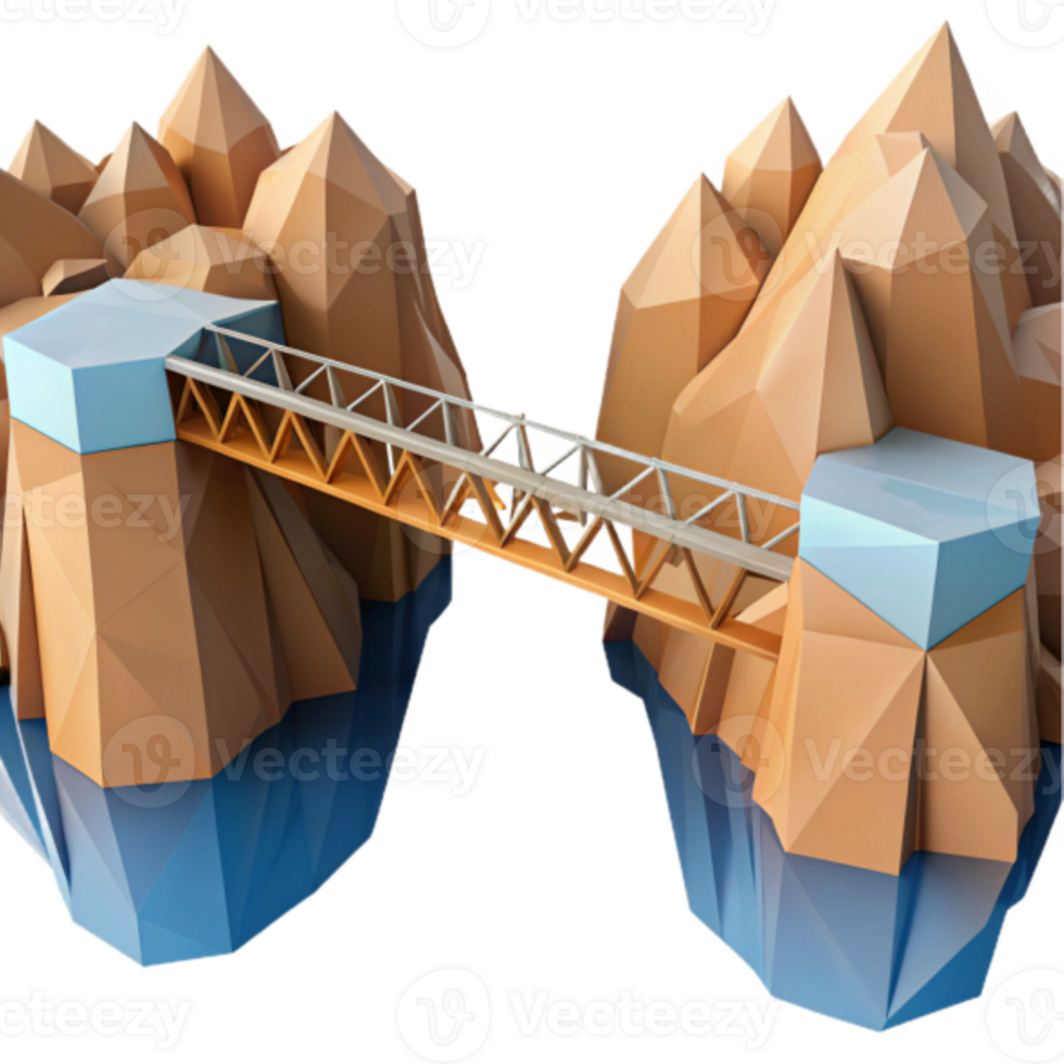 Low Poly Bridge Connecting Two Mountains 3D Illustration png