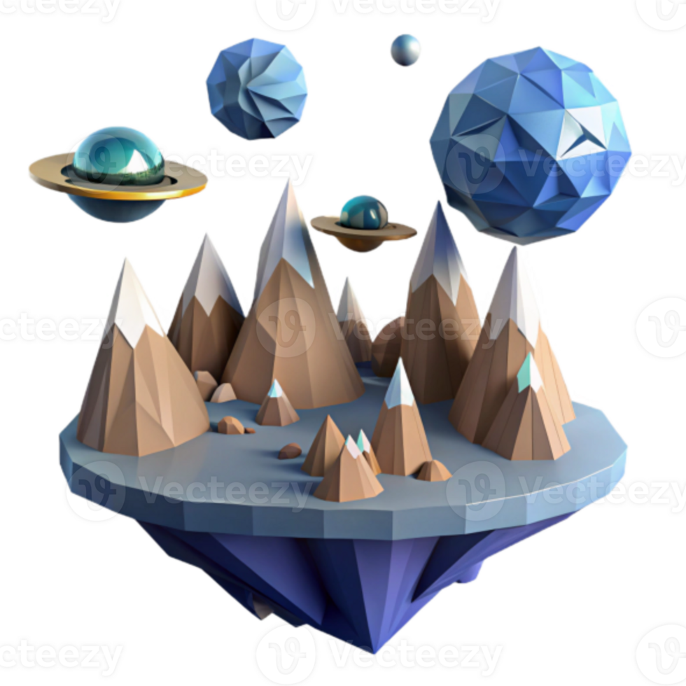 Low Poly 3D Render Floating Island with Mountains and UFOs png