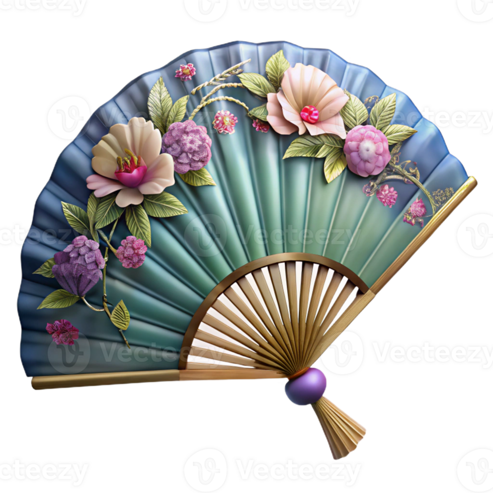 Floral Hand Fan with Blue and Green Accents png