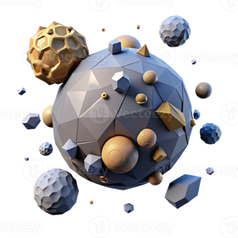 Abstract 3D Render of Geometric Shapes Orbiting a Polygonal Sphere png