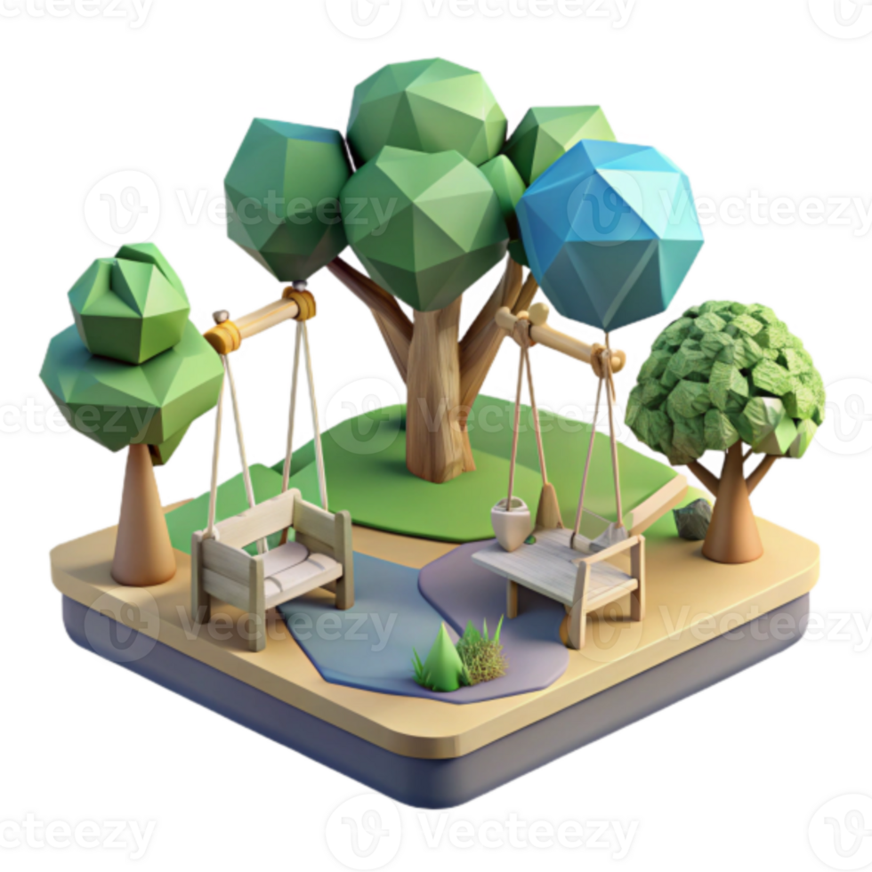 Low Poly 3D Render of a Playground Scene with Swings and Trees png