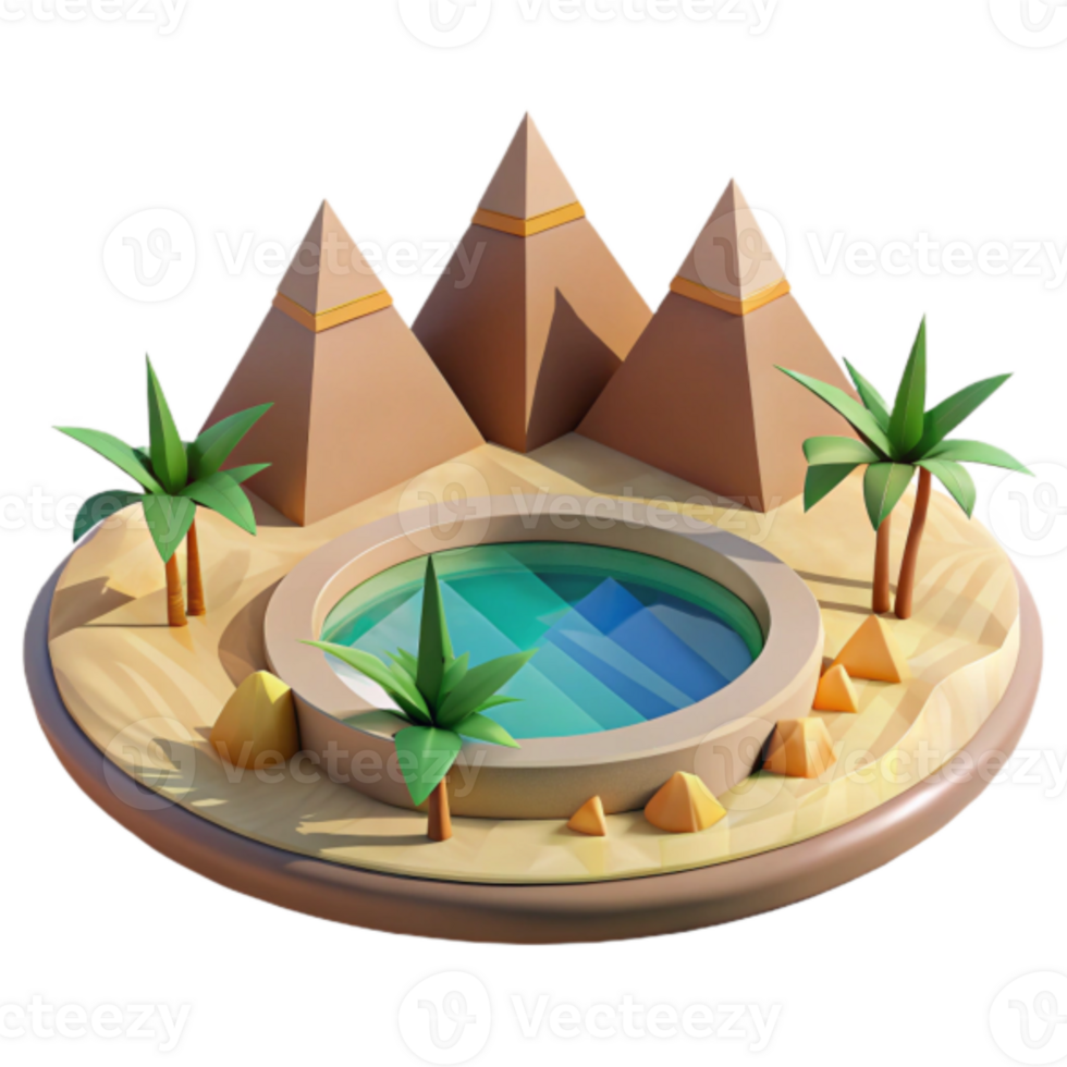 3D Render Oasis Illustration Pyramids Palm Trees Desert Pool png