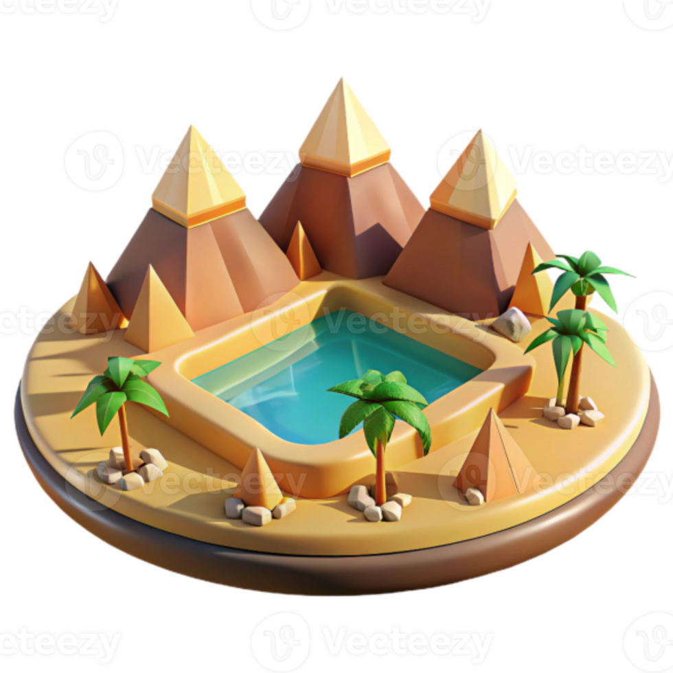 Stylized 3D Render Oasis Scene with Pyramids, Palm Trees and Pool png