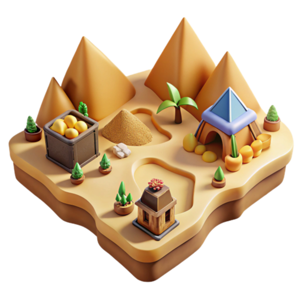 Desert Oasis 3D Illustration Sand Dunes, Pyramids, Tent, and Treasure png