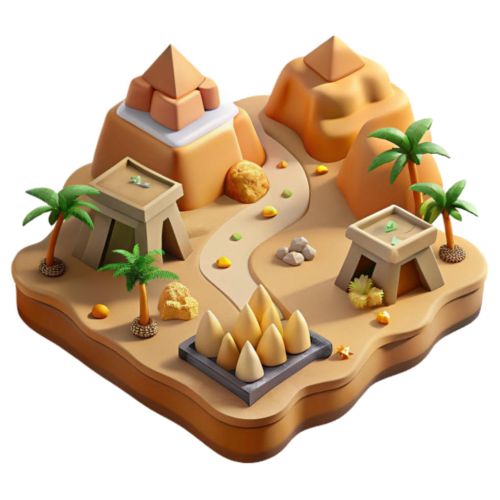 3D Render Desert Oasis Island Game Asset Pyramids, Palm Trees, and Ancient Structures png