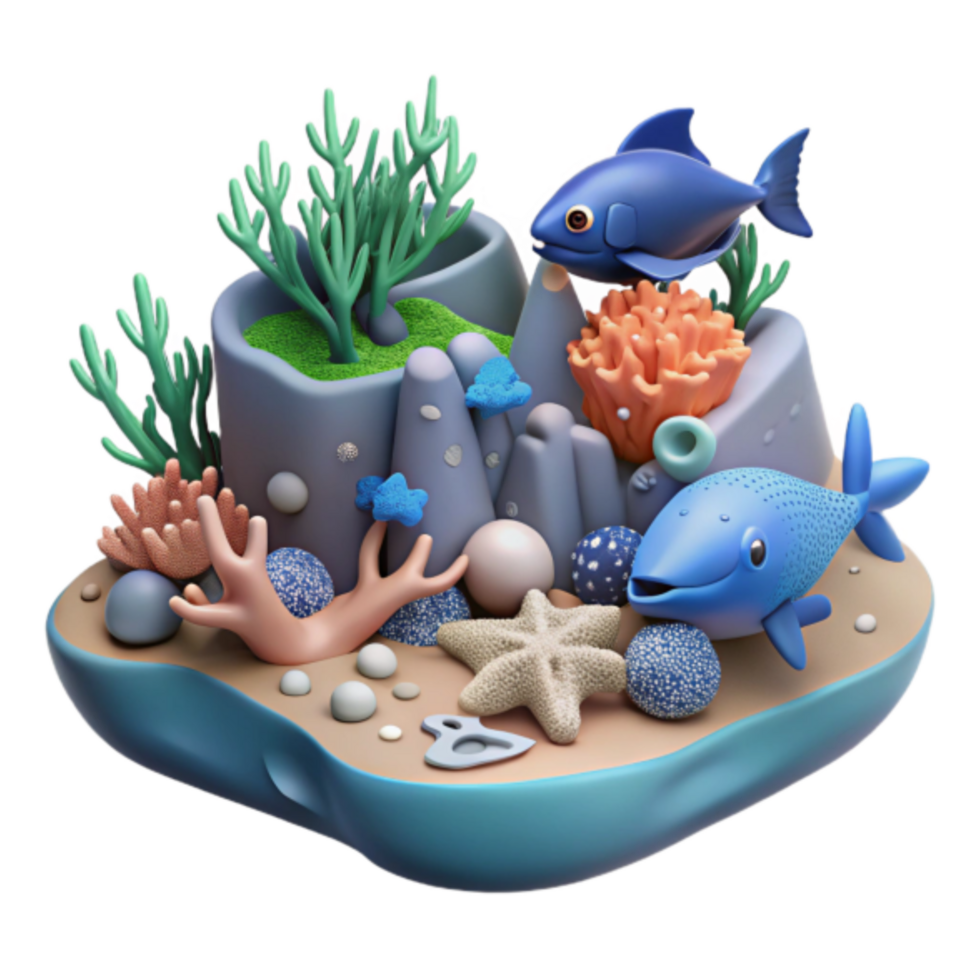 Undersea 3D Illustration Whimsical Coral Reef with Playful Fish png
