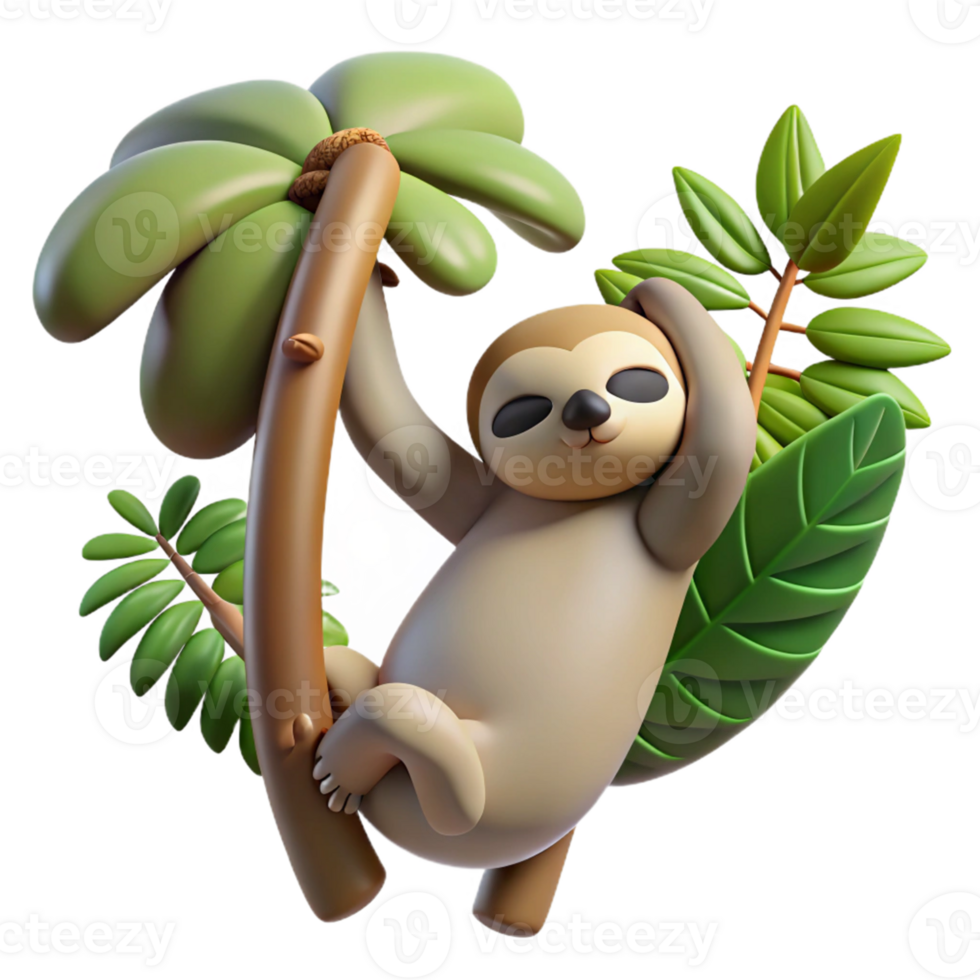 Cute Isometric Sloth Hanging on Tree Branch png