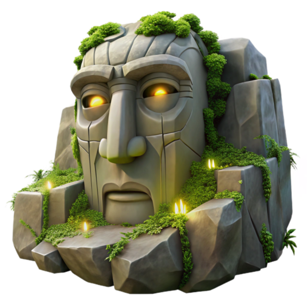 Mysterious Stone Face 3D Render Ancient Ruins, Mossy Stone Carving, Glowing Eyes png