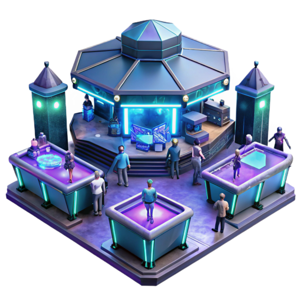 Neon Glow Futuristic 3D Render of Interactive Gaming Pavilion png