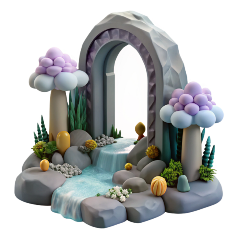 Enchanted Stone Archway 3D Render Fantasy Landscape with Stream and Whimsical Plants png