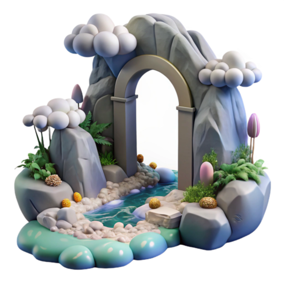 Enchanted Archway 3D Render Fantasy Landscape with Stream and Stone Gateway png