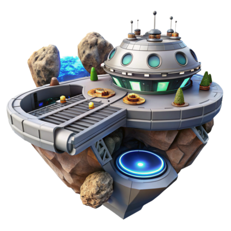 Futuristic Island Base 3D Render Sci-Fi Station on Floating Rock png